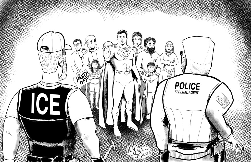 Superman has his hand up and is protecting immigrants from two ICE officers.